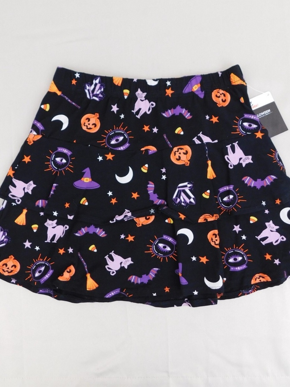 Kids Halloween Tiered Skirt with Witchy Print - Black